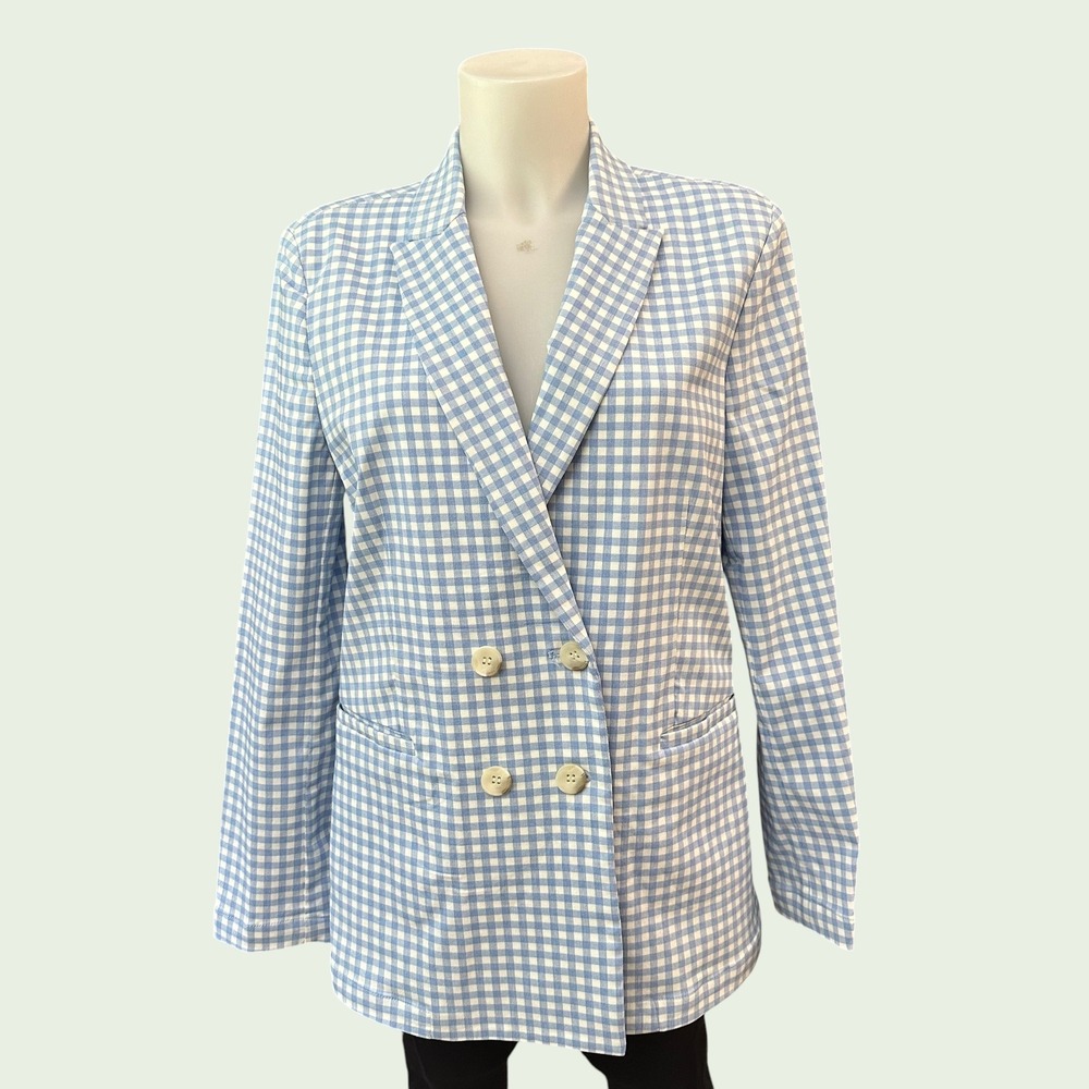 J. McLaughlin Ressie Gingham Double Breasted Blazer Jacket Size 10 Light Blue